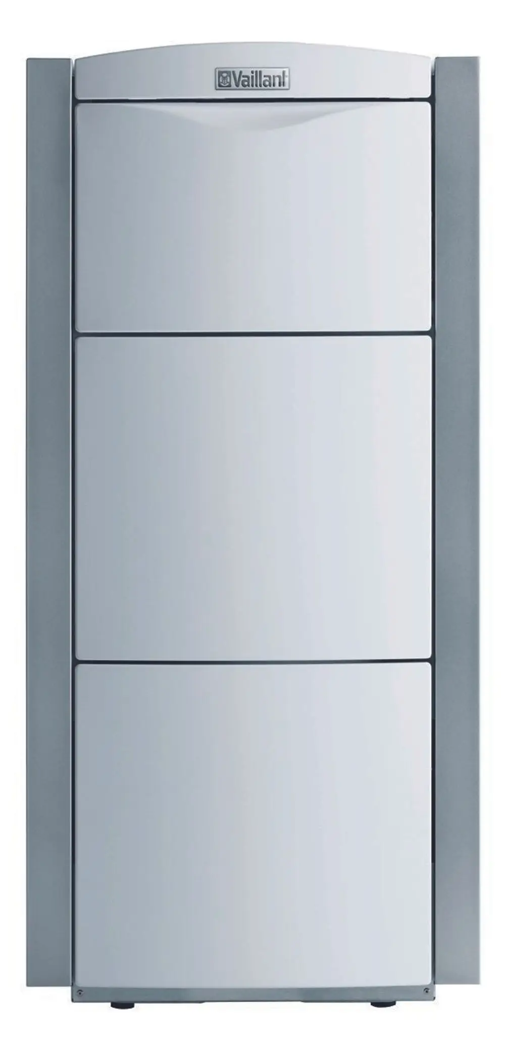 Vaillant Warmwasser-Schichtladespeicher in vertikaler Bauweise, mit schlichten, grauen und weißen Oberflächen, ausgestattet mit drei gleich großen Frontpaneelen.